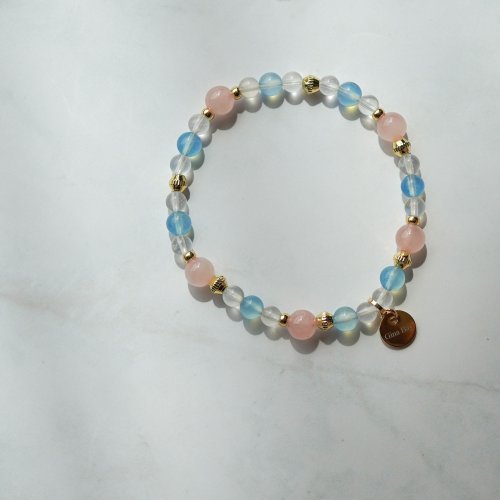 馬達拉斯加粉晶海藍寶月光石14KGF手鏈