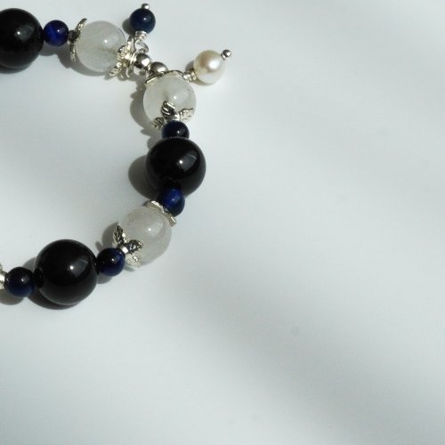 黑碧璽白幽靈虎眼青金石925純銀手鏈