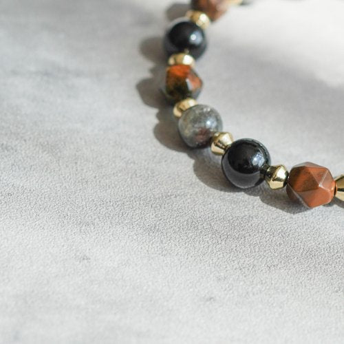 星輝骨幹天然黃虎眼黑碧璽14KGF純銀手鏈