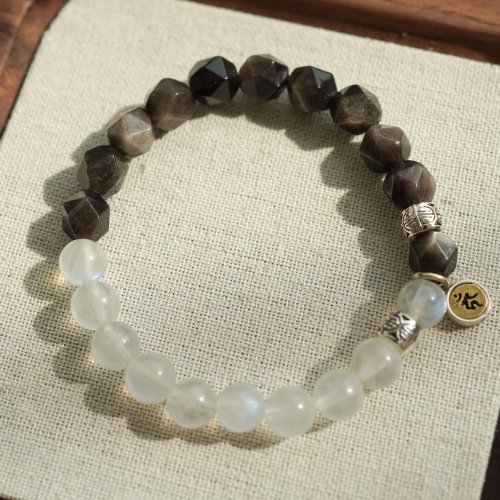 藍月光石銀曜石生肖轉運925純銀手鏈