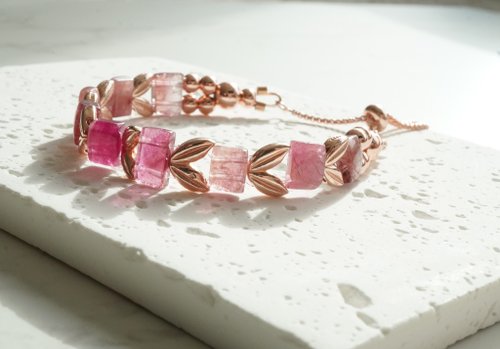 天然粉碧璽手排925純銀包玫瑰金手鏈