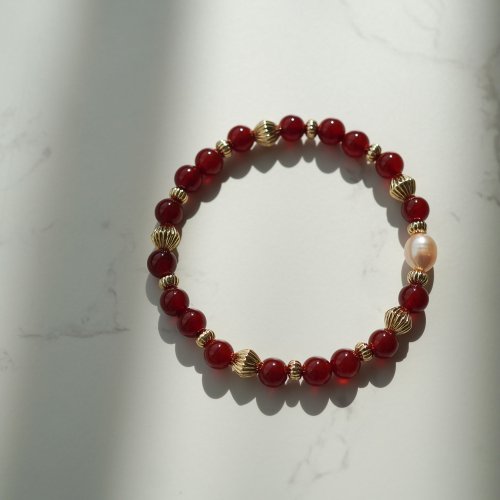 紅瑪瑙淡水珍珠14KGF手鏈