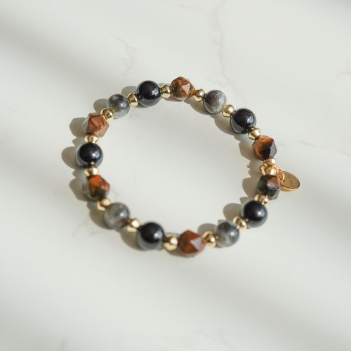 星輝骨幹天然黃虎眼黑碧璽14KGF純銀手鏈