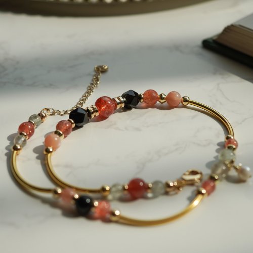 阿魯沙切面金矅石橙月光淡水珠14KGF手鏈