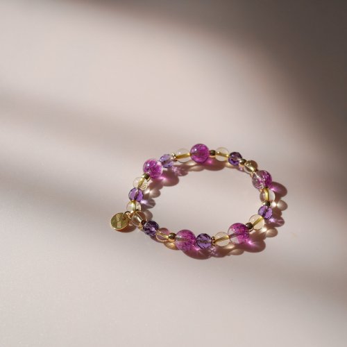 聚寶盆紫晶超七黃水晶切面紫晶14KGF手鏈