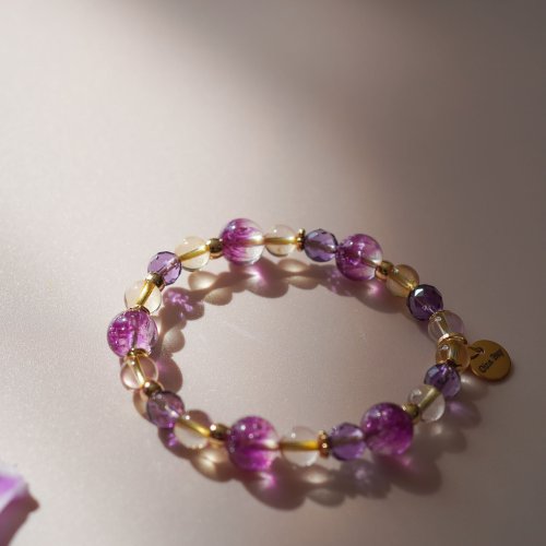 聚寶盆紫晶超七黃水晶切面紫晶14KGF手鏈