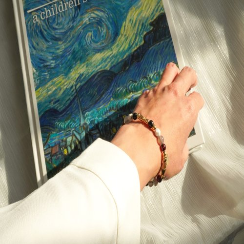 天然灰瑪瑙黑碧璽白松石14KGF手鏈