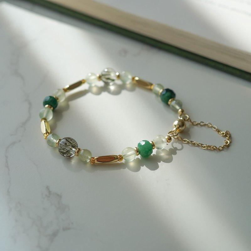 綠髮晶切面祖母綠葡萄石14KGF磁扣手鏈