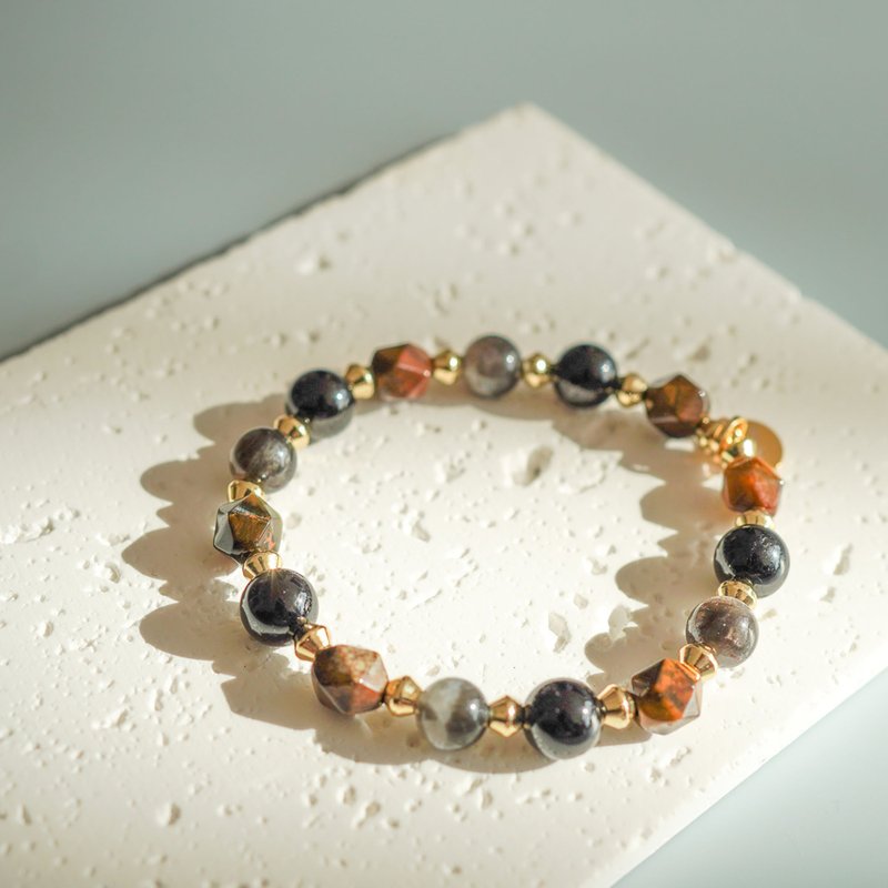 星輝骨幹天然黃虎眼黑碧璽14KGF純銀手鏈