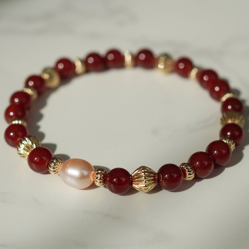 紅瑪瑙淡水珍珠14KGF手鏈
