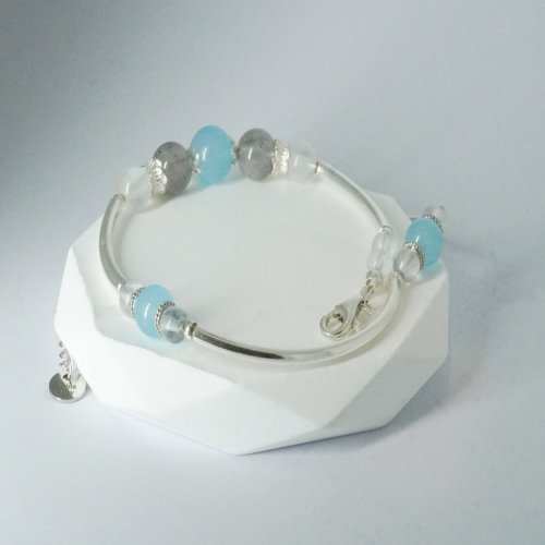 海藍寶拉長石白藍月光石925純銀雙圈手鏈