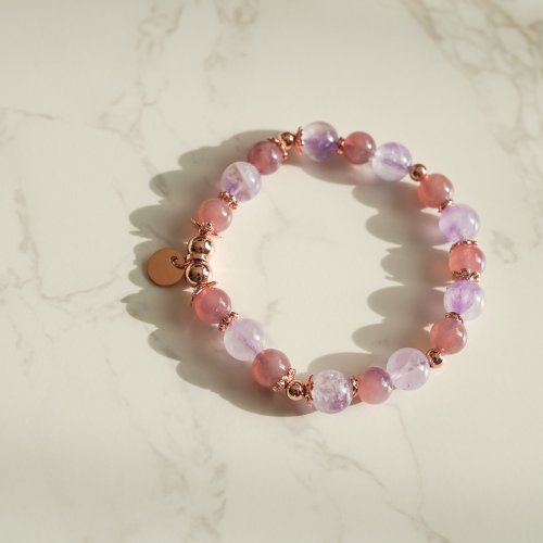 薰衣草紫晶紫馬粉晶14KGF彈性手鍊