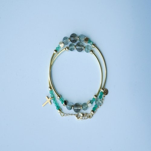 綠髮晶千層綠幽靈綠瑪瑙14kGF雙圈手鏈