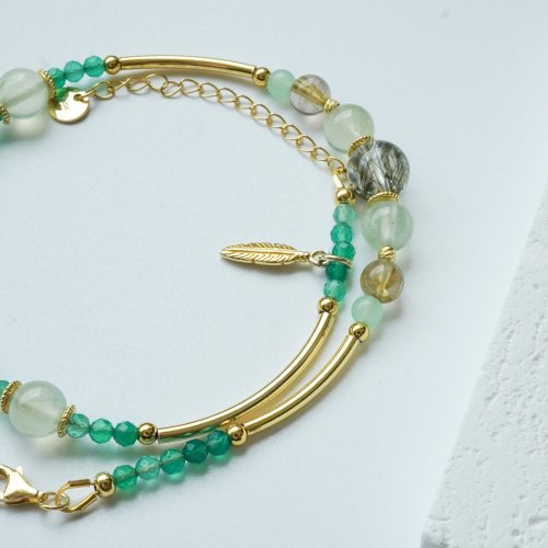 綠髪晶葡萄石綠瑪瑙925純銀包金雙圈手鏈