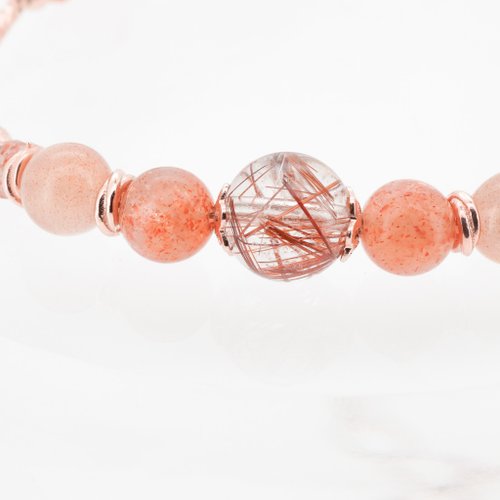 銅髪晶金草莓太陽石紅膠花925純銀包玫瑰金手鏈