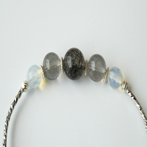 黑髮晶拉長石蛋白石石雲切面灰瑪瑙925純銀手鏈