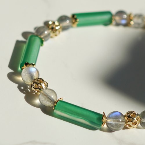 綠瑪瑙管珠拉長石14KGF磁扣手鏈