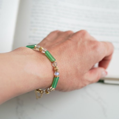 綠瑪瑙管珠拉長石14KGF磁扣手鏈