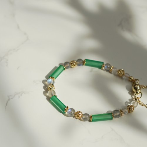 綠瑪瑙管珠拉長石14KGF磁扣手鏈