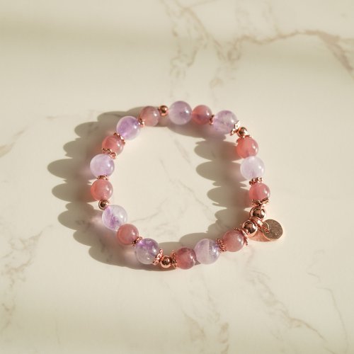 薰衣草紫晶紫馬粉晶14KGF彈性手鍊