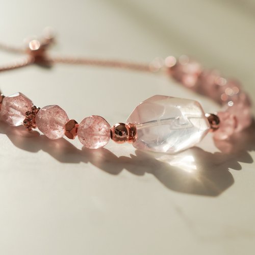 粉晶切面草莓晶925純銀手鍊