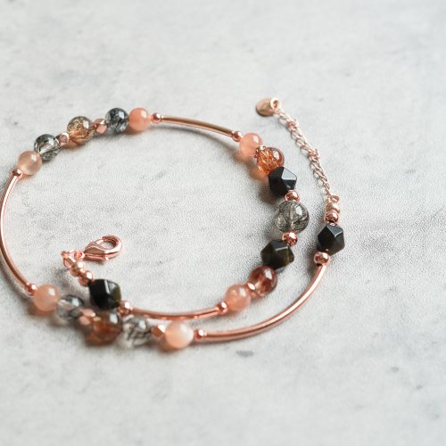 黑髮晶太陽石金曜石黑金超七925純銀包玫瑰金雙鏈