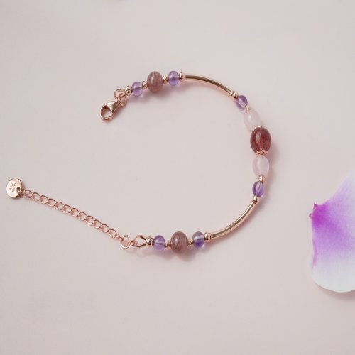 鴿紅草莓紫水晶粉晶925純銀玫瑰金手鏈