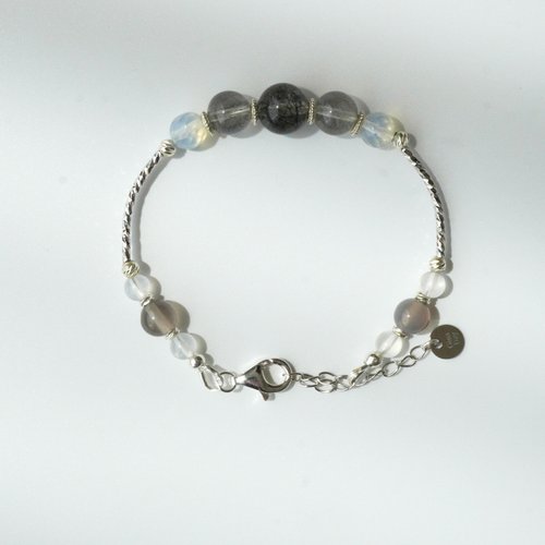 黑髮晶拉長石蛋白石石雲切面灰瑪瑙925純銀手鏈