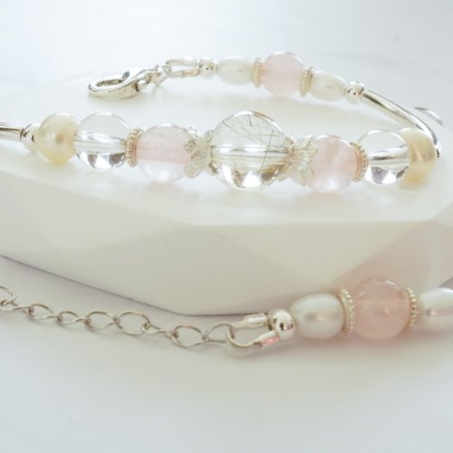銀髮晶芙蓉粉晶白水晶淡水珍珠925純銀雙鏈