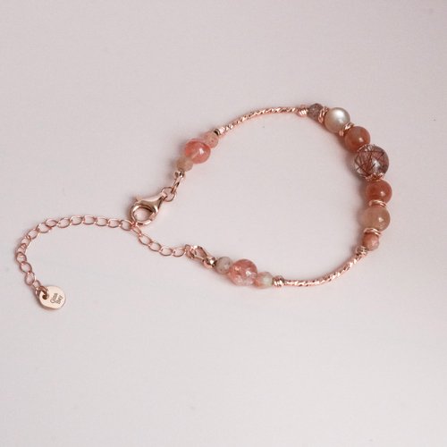 銅髪晶金草莓太陽石紅膠花925純銀包玫瑰金手鏈