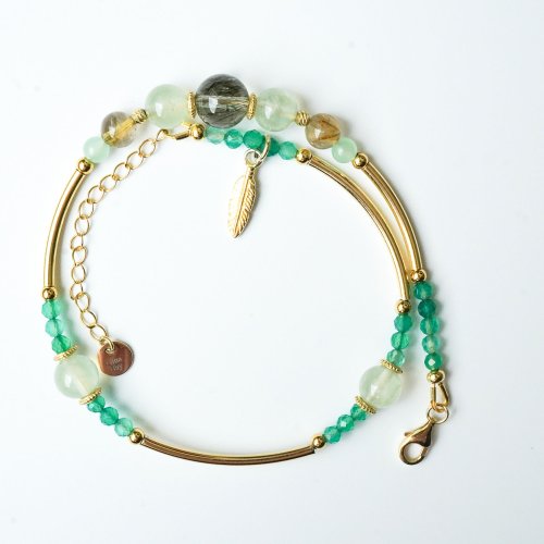 綠髪晶葡萄石綠瑪瑙925純銀包金雙圈手鏈