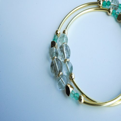 綠髮晶千層綠幽靈綠瑪瑙14kGF雙圈手鏈