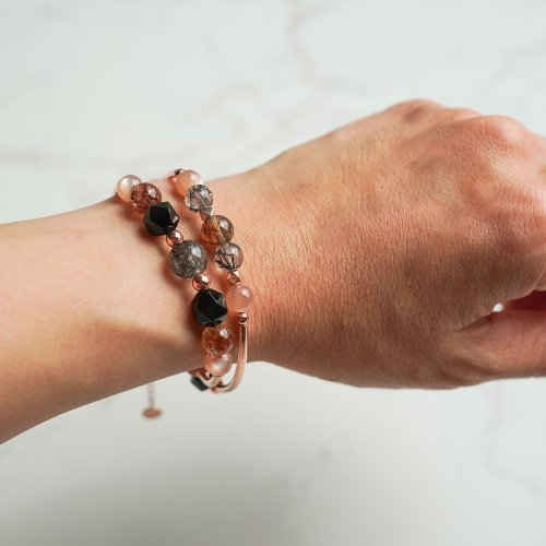 黑髮晶太陽石金曜石黑金超七925純銀包玫瑰金雙鏈