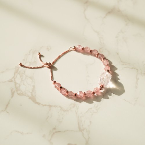 粉晶切面草莓晶925純銀手鍊