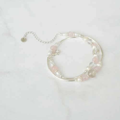 銀髮晶芙蓉粉晶白水晶淡水珍珠925純銀雙鏈