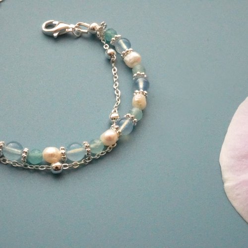 天河石海藍寶淡水珠14KGF手鏈