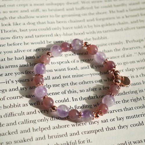 薰衣草紫晶紫馬粉晶14KGF彈性手鍊