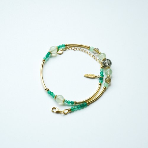 綠髪晶葡萄石綠瑪瑙925純銀包金雙圈手鏈