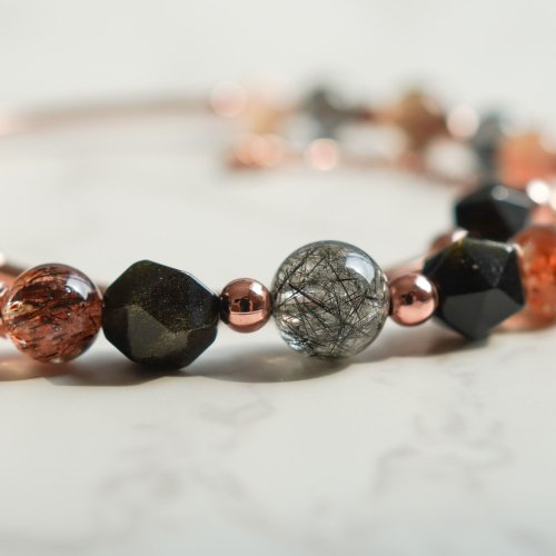 黑髮晶太陽石金曜石黑金超七925純銀包玫瑰金雙鏈