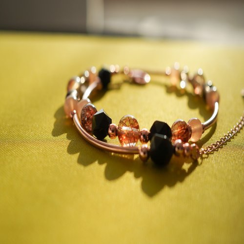 銅髮晶太陽石金曜石黑金超七925純銀包玫瑰金雙鏈