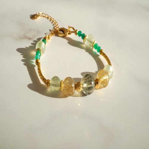 綠髮晶金髮晶葡萄石925純銀手鏈