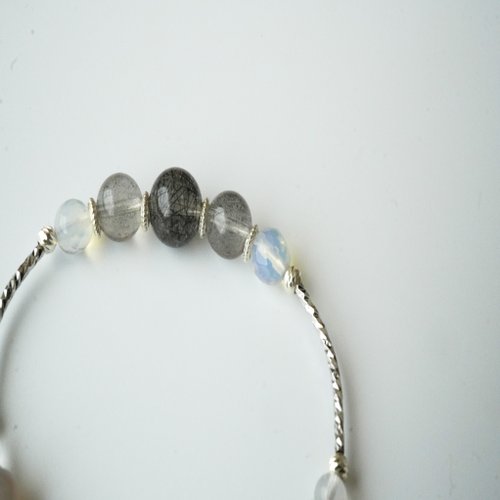 黑髮晶拉長石蛋白石石雲切面灰瑪瑙925純銀手鏈