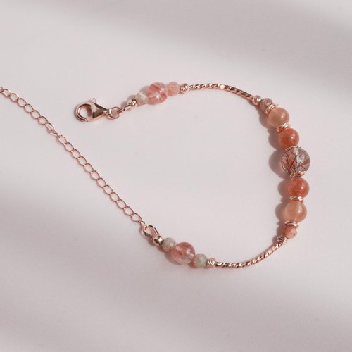 銅髪晶金草莓太陽石紅膠花925純銀包玫瑰金手鏈