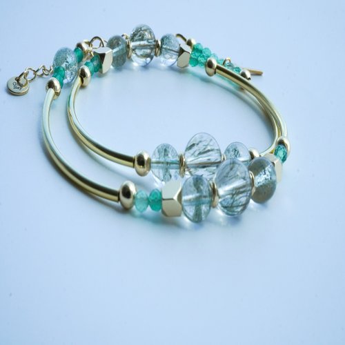 綠髮晶千層綠幽靈綠瑪瑙14kGF雙圈手鏈