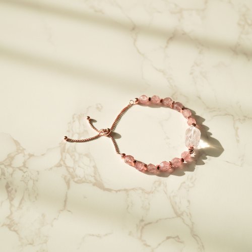 粉晶切面草莓晶925純銀手鍊