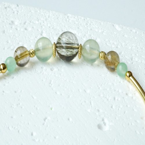 綠髪晶葡萄石綠瑪瑙925純銀包金雙圈手鏈