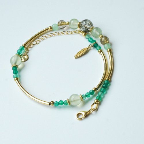 綠髪晶葡萄石綠瑪瑙925純銀包金雙圈手鏈