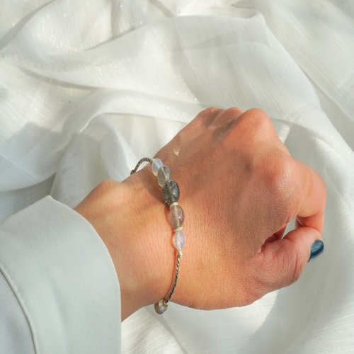 黑髮晶拉長石蛋白石石雲切面灰瑪瑙925純銀手鏈