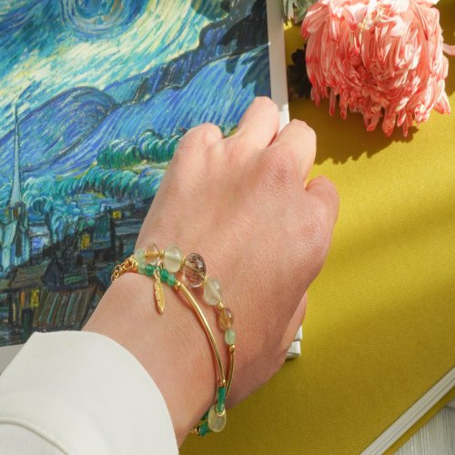 綠髪晶葡萄石綠瑪瑙925純銀包金雙圈手鏈