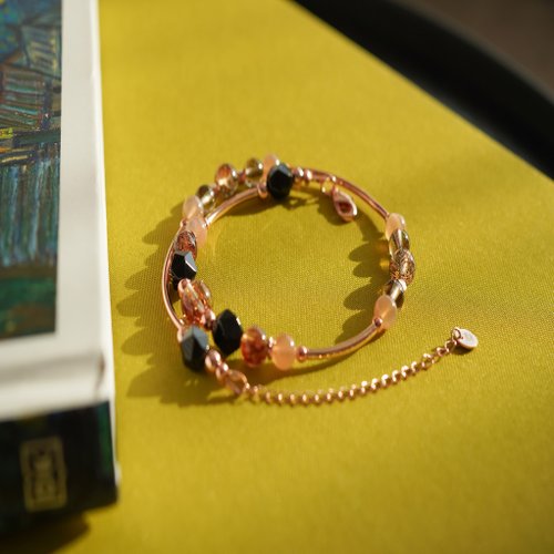 銅髮晶太陽石金曜石黑金超七925純銀包玫瑰金雙鏈